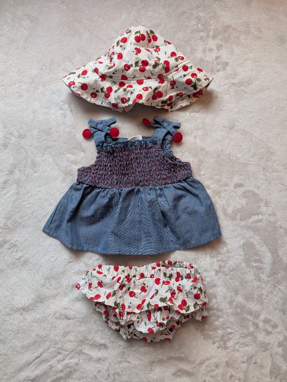 Little Lass Baby 3-6M 3pc Cherry Outfit Set Denim Dress Hat Bloomers